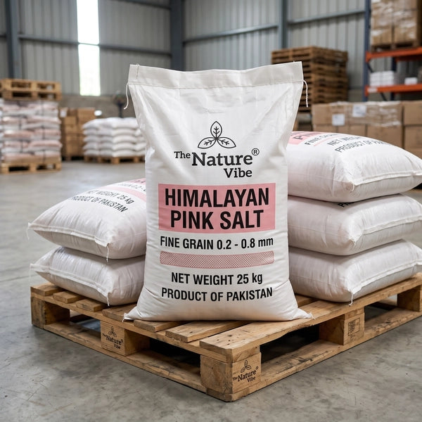 25kg heavy duty PP woven export packaging for Himalayan pink fine table salt by the natur vibe