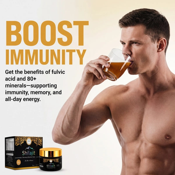 Dissolved pure Himalayan Shilajit drink rich in fulvic acid and essential minerals, promoting natural immune defense, stamina, and daily physical performance.
