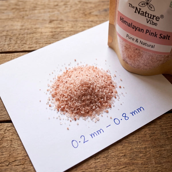Pure unrefined Himalayan pink salt fine grain texture 98.5 percent purity by the nature vibe
