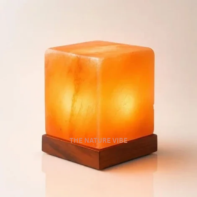 Modern handcrafted cube shaped Himalayan pink salt lamp 6x6x6 inches glowing on neem base by The Nature Vibe