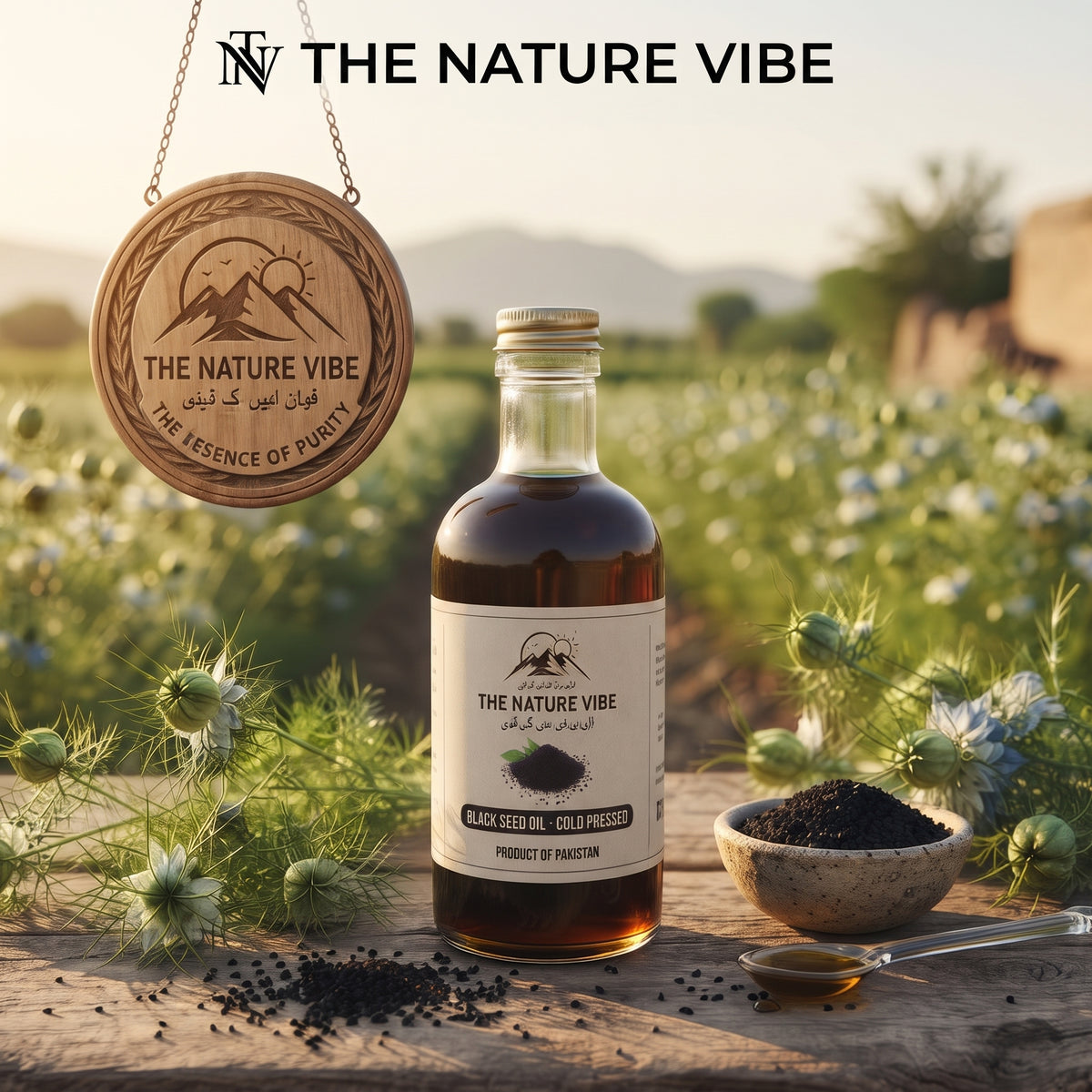 The Nature Vibe Cold Pressed Black Seed Oil glass bottle with natural black cumin seeds and wooden background